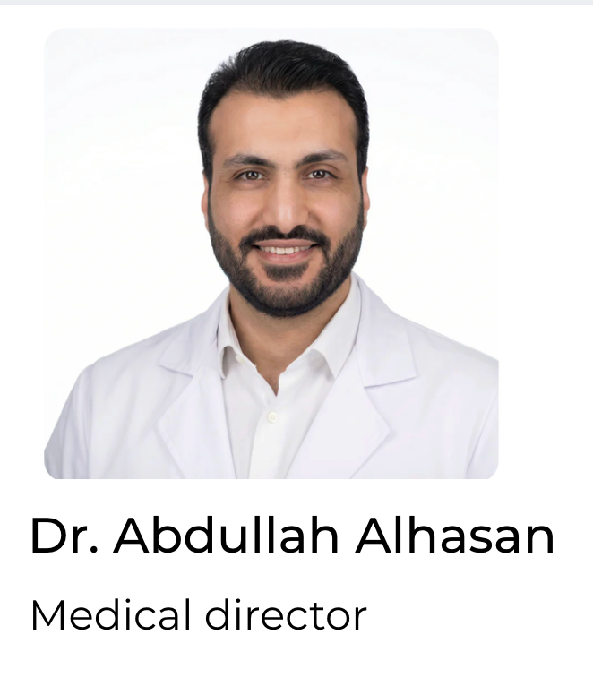 Man in a white coat with text indicating he is Dr. Abdullah Alhasan, medical director